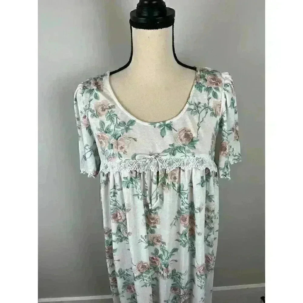 Vtg Barbizon Long Nightgown Short Sleeve Floral Ruffle Lace Cotton Blend M